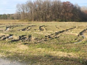 Ruts in a field caused by a grain combine due to a wet 2018 harvest season.